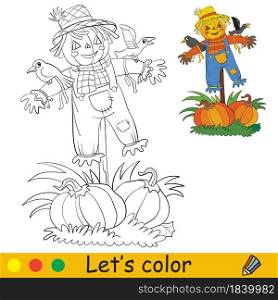 Funny scarecrow with pumpkins and crows. Halloween concept. Coloring book page for children with colorful template. Vector cartoon illustration. For print, preschool education and game. Coloring with template Halloween scarecrow and crows