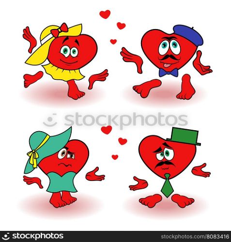 Funny scenes with pair of loving red hearts, Valentine cartoon vector illustrations isolated over white background