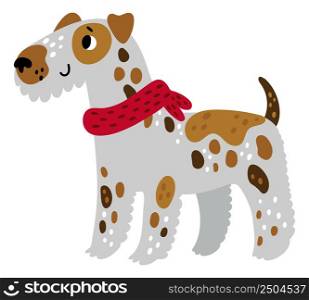 Funny schnauzer dog. Cute smiling pet in red scarf isolated on white background. Funny schnauzer dog. Cute smiling pet in red scarf