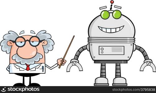 Funny Scientist Or Professor Shows His Pointer A Big Robot