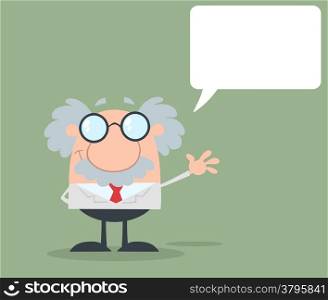 Funny Scientist Or Professor Waving With Speech Bubble Flat Design