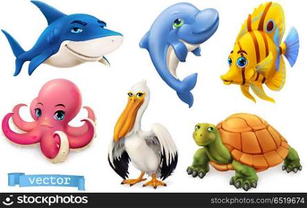 Funny sea animals and fishes. 3d vector icon set