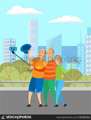 Funny senior people in city vector, flat style smiling characters traveling and taking selfie on phone with help of wooden stick for old. Cityscape with skyscrapers, foliage and nature of town. Modern Senior People at Trip in City Taking Selfie