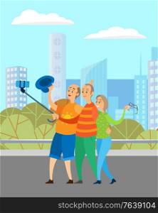 Funny senior people in city vector, flat style smiling characters traveling and taking selfie on phone with help of wooden stick for old. Cityscape with skyscrapers, foliage and nature of town. Modern Senior People at Trip in City Taking Selfie