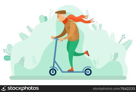 Funny senior person having fun in park with foliage vector, male on scooter. Character wearing scarf and hat, grandfather in forest surrounded by nature. Grandfather, Funny Old Man on Scooter in Park