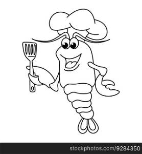 Funny shrimp chef cartoon characters vector illustration. For kids coloring book.