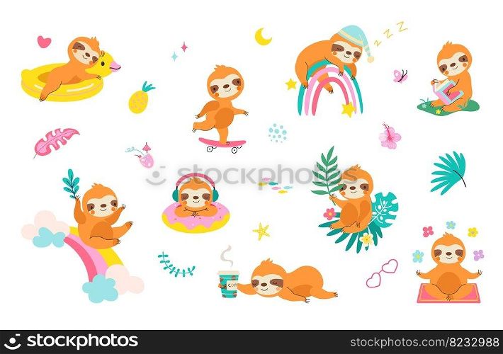 Funny sloth characters swimming and sleep. Cute cartoon sloths, wild exotic animal relax and reading. Jungle animals for kids and baby, nowaday vector characters, funny sloth cartoon illustration. Funny sloth characters swimming and sleep. Cute cartoon sloths, wild exotic animal relax and reading. Jungle animals for kids and baby, nowaday vector characters