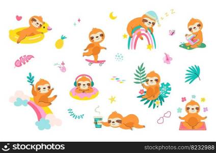 Funny sloth characters swimming and sleep. Cute cartoon sloths, wild exotic animal relax and reading. Jungle animals for kids and baby, nowaday vector characters, funny sloth cartoon illustration. Funny sloth characters swimming and sleep. Cute cartoon sloths, wild exotic animal relax and reading. Jungle animals for kids and baby, nowaday vector characters