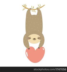 Funny sloth hanging on a tree with heart in the paws. Vector illustration of cute animal.. Funny sloth hanging on a tree with heart in the paws.