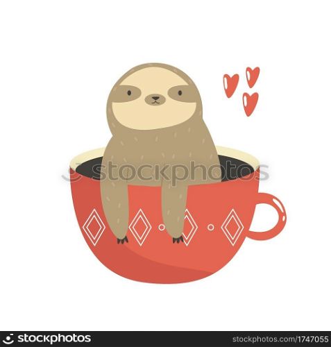 Funny sloth sitting inside of red mug. Vector illustration of a cute animal. Funny sloth sitting inside of red mug. Vector illustration of a cute animal.