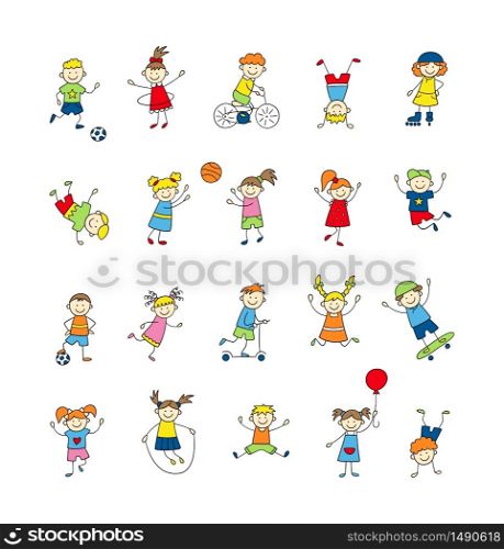 Funny small kids play, run and jump. Cute doodle children, boys and girls. A set of color isolated characters. Hand drawn vector illustration on white background. Funny small kids play, run and jump. Cute doodle children, boys and girls. A set of color isolated characters. Hand drawn vector illustration