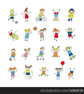 Funny small kids play, run and jump. Cute doodle children, boys and girls. A set of color isolated characters. Hand drawn vector illustration on white background. Funny small kids play, run and jump. Cute doodle children, boys and girls. A set of color isolated characters. Hand drawn vector illustration