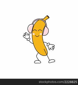 Funny smiley banana in headphones dancing to the music. Fruit emoticons with different emotions. Rest and relaxation. Children’s cartoon illustration.