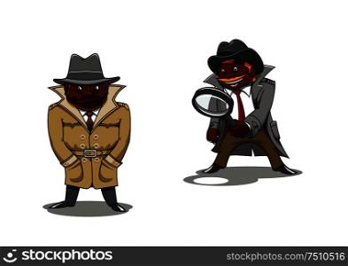 Funny smiling and serious black detectives or spy cartoon characters, one of them with magnifier in hand. For profession or investigation concept theme. Cartoon detective and spy with magnifier