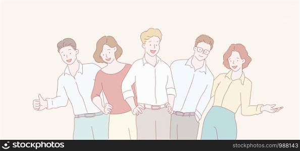 Funny smiling business team. Businessmen and businesswomen. Hand drawn style vector graphics.