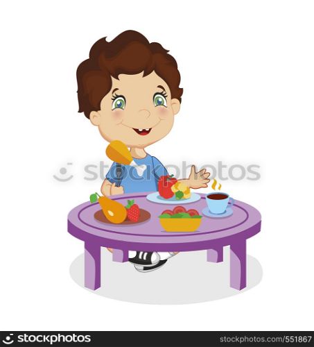 Funny Smiling Cartoon Boy with Brown Hair and Blue Eyes Eating Chiken Sitting at Table with Different Food as Vegetable, Fruit Isolated on White Background. Colorful Character Vector Illustration.. Cute Smiling Cartoon Boy Eat Chiken at Table