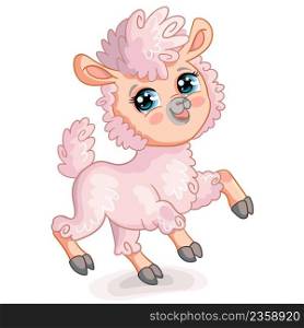 Funny smiling pink llama character. Cute animal in cartoon style. Vector illustration isolated on white background. For card, poster,design, stickers, room decor, t-shirt, kids apparel.. Cute Cartoon Pink Alpaca vector isolated illustration
