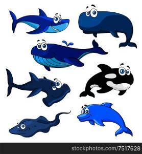 Funny smiling sea animals with cartoon characters of blue, bowhead and killer whales, reef and hammerhead sharks, happy dolphin and stingray. Underwater wildlife theme or zoo mascot design. Funny cartoon sea animals characters