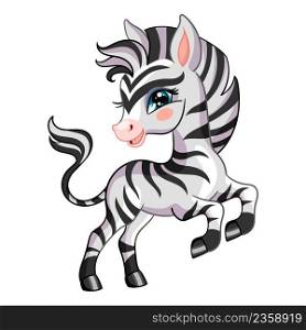 Funny smiling zebra character. Cute african animal in cartoon style. Vector illustration isolated on white background. For card, poster,design, stickers, room decor, t-shirt, kids apparel.. Cute smiling zebra in cartoon style vector illustration