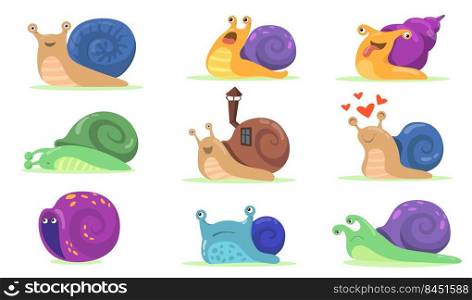 Funny snail characters flat set for web design. Cartoon snailfish, slug or snail-like mollusk with shell house isolated vector illustration collection. Mascot and animals concept