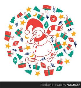 Funny Snowman on skates surrounded by gifts, Christmas trees, stars and Christmas decorations. Vector illustration on a white background.. New Year’s Christmas card, vector illustration.
