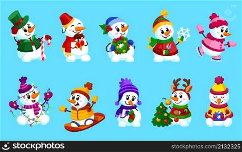 Funny snowmen. Christmas cartoon snowman, winter cacao. Snow person in scarf, kids cute xmas friends. Isolated holiday garish vector characters. Illustration of cartoon snowman collection. Funny snowmen. Christmas cartoon snowman, winter cacao. Snow person in scarf, kids cute xmas friends. Isolated holiday garish vector characters