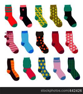 Funny socks with different patterns. Vector illustrations set in cartoon style. Collection of socks cotton textile and warm wool. Funny socks with different patterns. Vector illustrations set in cartoon style