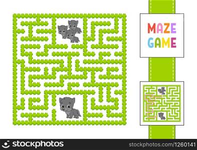 Funny square maze. Game for kids. Animal wolf. Puzzle for children. Labyrinth conundrum with character. Color vector illustration. Find the right path. With answer.