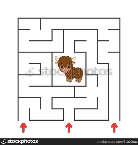 Funny square maze. Game for kids. Puzzle for children. Cartoon character. Labyrinth conundrum. Color vector illustration. Find the right path. The development of logical and spatial thinking.