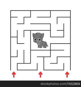Funny square maze. Game for kids. Puzzle for children. Cartoon character. Labyrinth conundrum. Color vector illustration. Find the right path. The development of logical and spatial thinking.