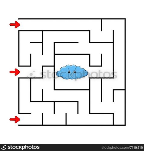Funny square maze. Game for kids. Puzzle for children. Cartoon style. Labyrinth conundrum. Color vector illustration. Find the right path. The development of logical and spatial thinking.