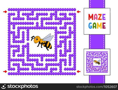 Funny square maze. Game for kids. Puzzle for children. Cartoon style. Labyrinth conundrum with character. Color vector illustration. Find the right path. With answer.