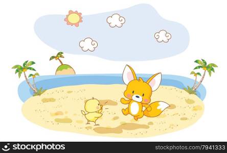 funny squirrel and chick cartoon with beach background