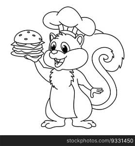 Funny squirrel chef cartoon vector coloring page