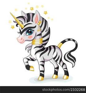 Funny standing magic zebra unicorn character. Cute animal in cartoon style. Vector illustration isolated on white background. For card, poster,design, stickers, room decor, t-shirt, kids apparel.. Cute zebra unicorn in cartoon style vector illustration