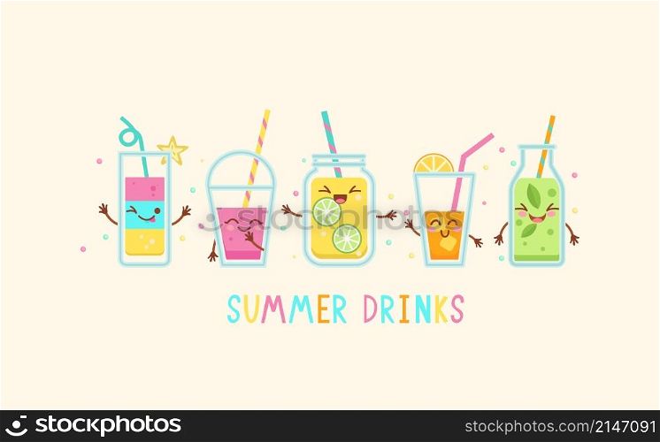 Funny summer drinks characters.Kawaii smiling lemonade and soda,coffee,smoothie,juice,shake,detox in glass,plastic takeaway cup,bottle.Hand drawn cute vector for web,design,print, isolated on white.. Funny summer drinks characters.