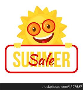 Funny Sun icon in flat style isolated on white background. Summer sale poster or banner. Smiling cartoon sun. Vector illustration.. hello summer rock n roll poster. summer party design template