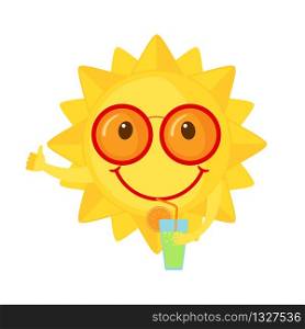 Funny Sun icon with cocktail in flat style isolated on white background. Smiling cartoon sun. Vector illustration.. Funny Sun icon in flat style isolated on white background.
