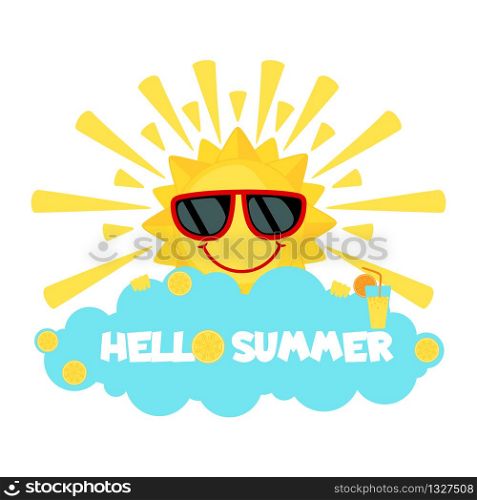 Funny Sun with sunglasses and cloud isolated on white background. Smiling cartoon sun. Icon in flat style. Hello summer. Vector illustration.. Funny Sun with sunglasses icon in flat style isolated on white background.