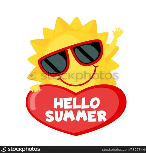 Funny Sun with sunglasses and heart isolated on white background. Smiling cartoon sun. Icon in flat style. Hello summer. Vector illustration.. Funny Sun with sunglasses icon in flat style isolated on white background.