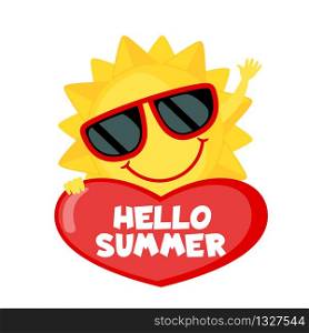 Funny Sun with sunglasses and heart isolated on white background. Smiling cartoon sun. Icon in flat style. Hello summer. Vector illustration.. Funny Sun with sunglasses icon in flat style isolated on white background.