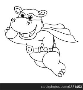 Funny super hippo cartoon vector coloring page