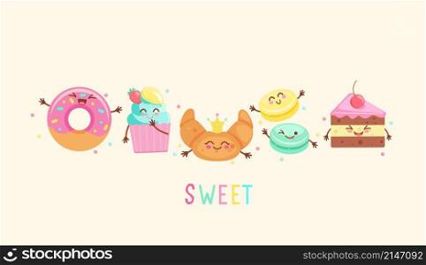 Funny tasty sweet bakery food icons.Hand drawn cake, macaroon, donut, cupcake, croissant.Set kawaii smiling pastry for advertise, web,design,print. Vector illustration, character isolated on white.. Funny tasty sweet bakery food icons.