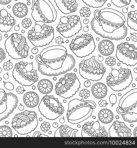 Funny tea, desserts and sweets with berries seamless pattern. Vector cartoon hand drawn line art food illustration.. Funny tea, desserts and sweets with berries seamless pattern.