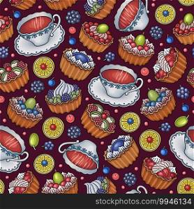 Funny tea, desserts and sweets with berries seamless pattern. Vector cartoon hand drawn colorful food illustration.. Funny tea, desserts and sweets with berries seamless pattern.