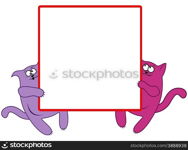 Funny thick cats hold in paws of a large square banner, cartoon vector artwork