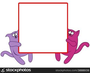 Funny thick cats hold in paws of a large square banner, cartoon vector artwork