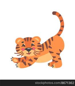 Funny tiger. Cartoon baby character playing, vector illustration isolated on white background. Funny tiger. Cartoon baby character playing, vector illustration