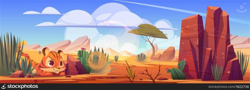 Funny tiger cub playing with tumbleweed in African desert natural landscape. Wild baby predator lifestyle in hot dry deserted nature of Africa with cacti and rocks under blue sky, cartoon illustration. Funny tiger cub playing with tumbleweed in desert