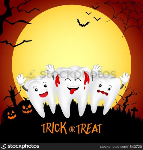 Funny tooth character with pumpkin in moon night. Trick or treat, Happy Halloween concept. Illustration for banner, poster, greeting card